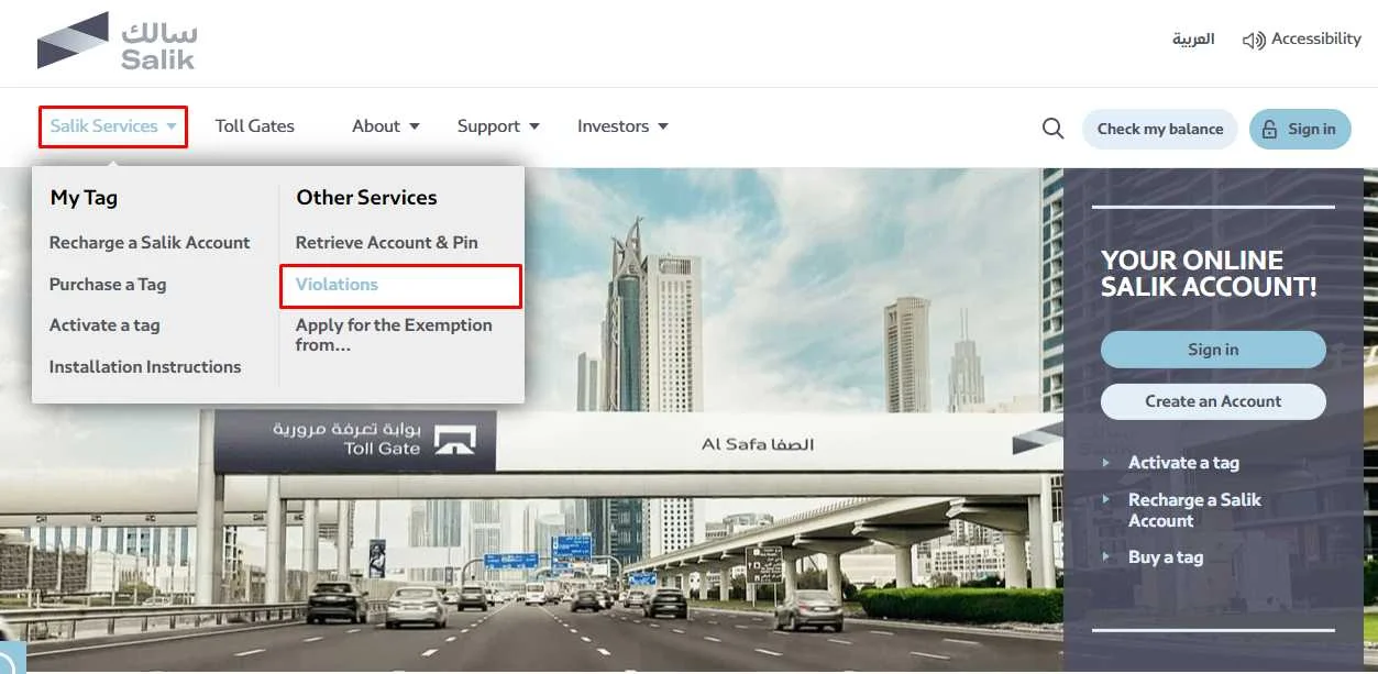 Find Violations in the Salik Services and tap on it