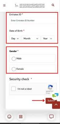 Input your Emirates ID number date of birth gender and submit