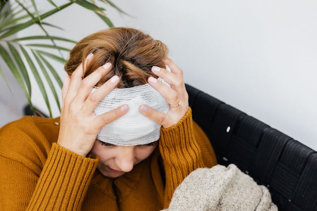 A woman putting her hands on her injured head